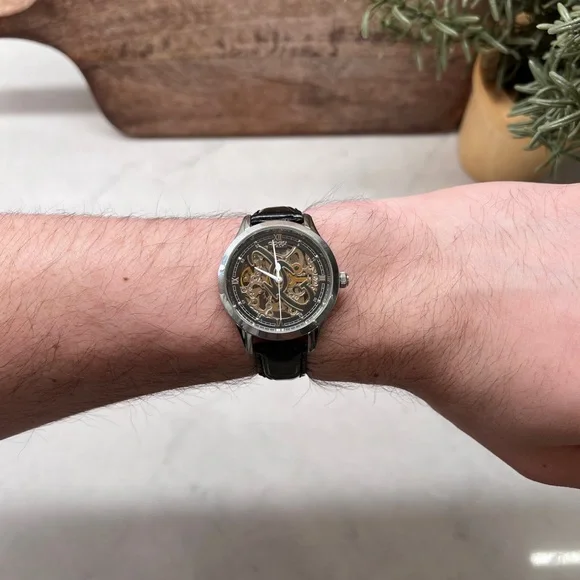 COGU Skeleton Watch Automatic Exhibition Back Mens Black Silver